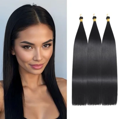 Afbeelding van Locescsoc Synthetische haarextensies, 61 cm, 3 verpakkingen met rechte vlechten, Ariel steil haar, extensions, zijdezacht bundels voor vlechten (1B, stuks)