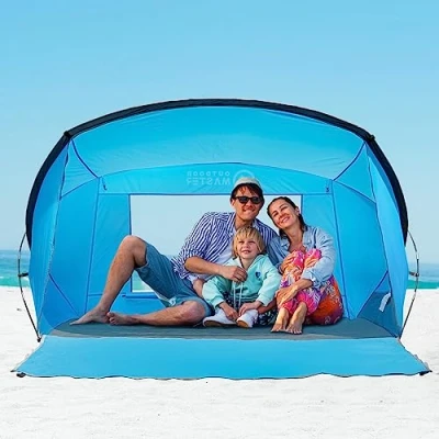 Afbeelding van OutdoorMaster Strandtent voor 3 4 personen, eenvoudige installatie en draagbaar, strandzonwering met uv bescherming UPF 50+, afneembaar dakraam, familiemaat, blauw