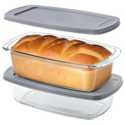 Afbeelding van Winter Shore Broodvorm van glas, 1,8 l (2 stuks) grote ovenschaal met waterdicht kunststof deksel antiaanbaklaag en handgrepen magnetron, oven, vriezer, vaatwasser BPA vrij