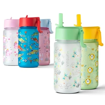 Afbeelding van VINSUN Drinkfles voor kinderen, met rietje, 500 ml, Tritan, BPA vrij, lekvrij, licht, kleuterschool, school, sport, dinosaurus