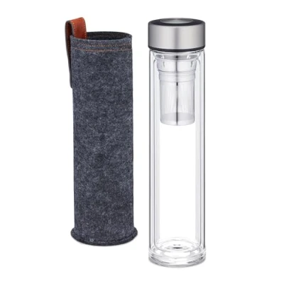 Afbeelding van Relaxdays dubbelwandige theefles met zeef 500 ml glazen drinkfles herbruikbaar