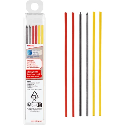 Afbeelding van edding 8881 deep hole navullood assorti 6st set geschikt voor 8880 markeerpotlood grafiet + wax basis ruwe en gladde oppervlaktes in handige plastic verpakking ideaal timmermannen, bouwvakkers andere vaklieden
