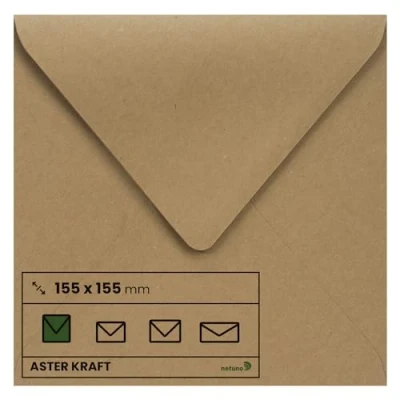 Afbeelding van Netuno 100 vierkante enveloppen kraftpapier natuurlijk bruin 155 x mm g Aster Kraft vintage retro milieuvriendelijk papier voor wenskaarten uitnodigingen bruiloft