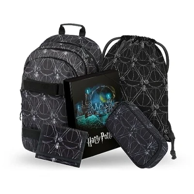 Afbeelding van Baagl Schoolrugzak voor meisjes, 5 delig, schooltas vanaf de 3e klas, basisschooltas met borstriem, ergonomische schooltas, Harry Potter Deathly Hallows, set