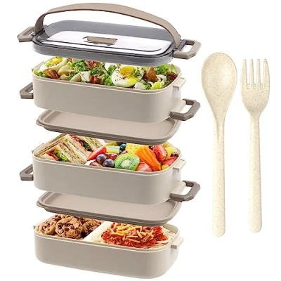 Afbeelding van OITUGG Lunchbox: hoogwaardige 3 laagse bento box voor volwassenen, 2200 ml lunchbox met bestek en verstelbare vakken, waterdicht, BPA vrij, magnetronbestendig,