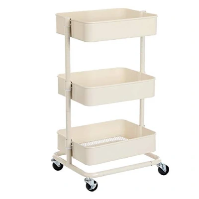 Afbeelding van SONGMICS Trolley met 3 niveaus, serveerwagen, mobiel opbergrek, in hoogte verstelbaar, 2 remmen, eenvoudige montage, voor badkamer, keuken, kantoor, wit BSC60WT
