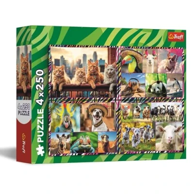 Afbeelding van Trefl 4 in 1 puzzel: grappige dieren x 250 stukjes vierdelige puzzelset voor tieners