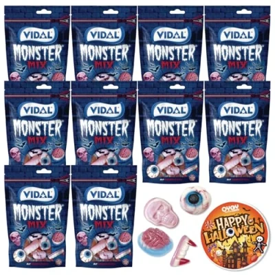 Afbeelding van OYOY 10 stuks Halloween snoepjes 180 g snoep rubberen ogen fruit vampiertanden, schedels en hersenen met griezelige stickers