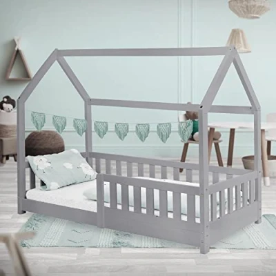Afbeelding van Kinderbed met uitvalbeveiliging lattenbodem en dak 80x160 cm Lichtgrijs grenenhout ML Design