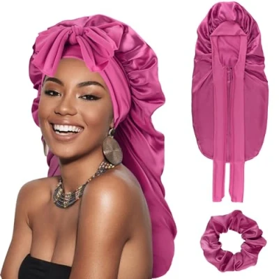 Afbeelding van DRESHOW Lange gevlochten satijnen muts voor dames, zijden om te slapen, slaapmuts met elastische band, nachtmuts lang en krullend haar, lokken, 1 x slaapkap: Hot Pink