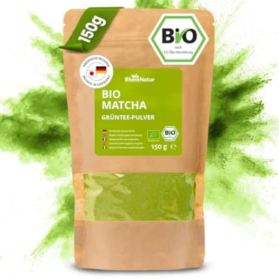 Afbeelding van RheinNatur biologische matcha groene thee poeder 150 g 100% ideaal voor en latte rijk aan mineralen, vitaminen antioxidanten