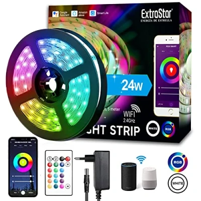 Afbeelding van Ledstrip, IP65, Smart 5 m, WiFi RGB, waterdicht, SMD, compatibel met Alexa en Google Assistant, app, muziekbediening, meerkleurig voor thuis, bar, party, 12 V 1,6 A