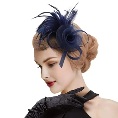 Image de DRESHOW Fascinator Chapeau avec Fleurs en Maille et Plumes Wedding Headband Pour Fête, Mariage, Cocktail Femme Fille