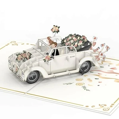 Afbeelding van papercrush® Pop up kaart 3D bruiloftskaart met auto &quot;just married&quot; elegante wenskaart voor bruiloft en huwelijksceremonie huwelijkscadeau huwelijksreis van de bruidegom