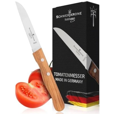Afbeelding van Schwertkrone Solingen kwaliteit groente en tomatenmes, scherp gekarteld lemmet van roestvrij staal, handvat olijfhout, made in Germany