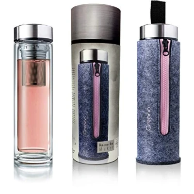 Afbeelding van Creano Theefles met dubbelwandige zeef, Teamaker Thermo roestvrijstalen zeef en deksel in elegante vilten zak, roze (400 ml) koffer