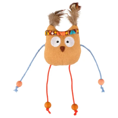 Afbeelding van Flamingo Indy Uil Met Veren Kattenspeelgoed 90x205x40 mm Beige Oranje Turquoise