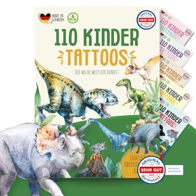 Afbeelding van MeinBaby123 110 stuks kindertatoeages huidvriendelijk met dinosaurus tatoeages stickers cadeau voor kinderen veganistisch en gemaakt in Duitsland 1 x