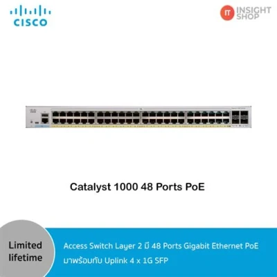 Image de Cisco Catalyst 1000 48P 4G L Commutateur Géré 24 x 10/100/1000 (PoE+) + 4 Gigabit SFP (liaison montante) Montable sur rack PoE+ (370 W)