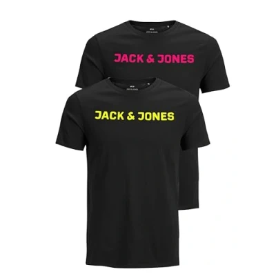 Afbeelding van Jack &amp; Jones Jjecorp Logo Tee SS O Neck Noos T shirt voor heren, Set van 2 (2 x zwart met neon logo)