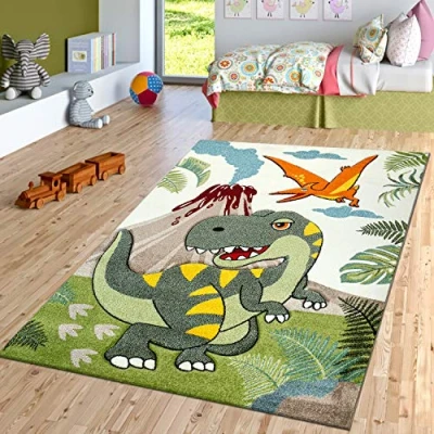 Afbeelding van TT Home Tapijt voor kinderkamer, groen, dinosaurus, jungle, vulkaan, 3D effect, laagpolig, afmetingen: 120 x 170 cm