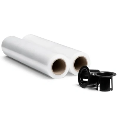 Afbeelding van RAGO® Rekfolie voor verhuizing, transparant, 2 stuks, 0,85 kg, 7,5 x 40 cm, kunststoffolie, zwarte verpakking, palletfolie, rol, verpakking met dispenser
