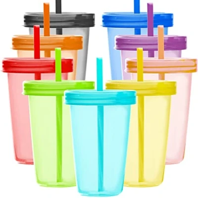 Afbeelding van Youngever 9 stuks 500 ml herbruikbare plastic bekers met deksel en rietjes, verschillende kleuren