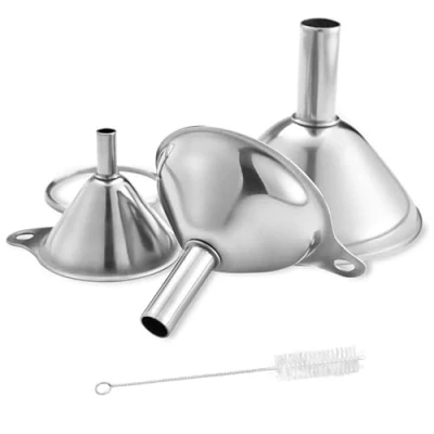 Afbeelding van Küchev Lot de 3 entonnoirs en acier inoxydable, petits avec poignée et brosse nettoyage, empilables, adaptés pour liquides, huiles, poudres, confitures, 4,5 cm, 5,5