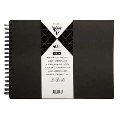 Afbeelding van Clairefontaine 95436C Spiraalalbum om te personaliseren, 40 vellen zwart papier, dik, 185 g/m², formaat 32 x 24 cm, zwarte omslag, voor creativiteit, scrapbooking