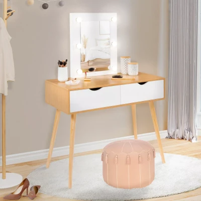 Afbeelding van Coiffeuse scandinave 2 tiroirs LIVIA bois et blanc avec miroir LED