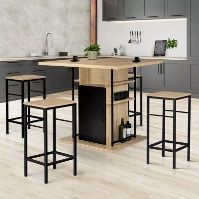 Image de Ensemble ilot central 110 cm bois noir et imitation hêtre 4 tabourets design industriel