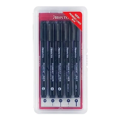 Afbeelding van Aristo Pigment Liner AR23535 Fineliner met ronde punt en wigpunt, sterk gepigmenteerde inkt, lichtecht waterbestendig, 5 stuks, zwart
