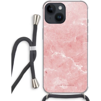 Afbeelding van Case Company® hoesje met Koord geschikt voor iPhone 14 Roze marmer Telefoonhoesje Zwart Extra Bescherming aan alle Kanten en Over de Schermrand