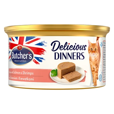 Afbeelding van 24x 85g Butcher&#039;s Delicious Dinners Kat Zalm &amp; garnalen Natvoer