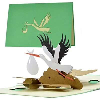 Afbeelding van geboorte kaart ooievaar neutrale pop up wenskaart voor mama papa cadeau meisjes jongens G23.1