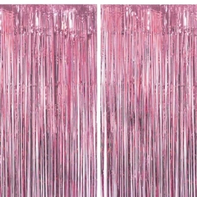 Afbeelding van Jonami Set van 2 roze glinsterende gordijnen voor feest en verjaardagsdecoratie, aluminiumfolie franje gordijn, metallic achtergrond, aluminium franjes