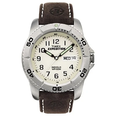Afbeelding van Timex Expedition 40 mm heren Off White Zifferblatt Rugged Braun lederen band met datumvenster, Geel/Bruin, één maat, riem, Riem