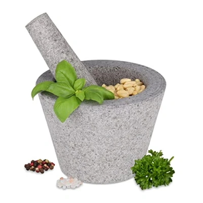 Afbeelding van Relaxdays vijzel met stamper 10 x 14 cm kruidenpletter mortel natuursteen grijs