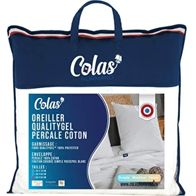 Afbeelding van COLAS NORMAND Kussen QualityGel Percal 100% Katoen Stevig 65 x cm Halsondersteuning Hotelkwaliteit Zacht Gemaakt in Frankrijk Wit