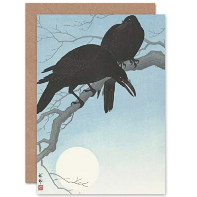 Afbeelding van Ohara Koson Wenskaart met twee raven en takken van bomen houten uitsparingen lege envelop