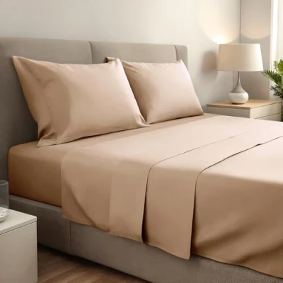 Afbeelding van 4 delige kingsize dekbedovertrekset, 180 x 190/200, geborsteld polyester microvezel dubbel lakens, laken, verstelbaar hoeslaken en 2 kussenslopen. Kleur: beige