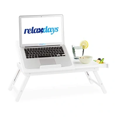 Afbeelding van Relaxdays laptoptafel bamboe inklapbare laptop bedtafel witte laptopverhoger groot