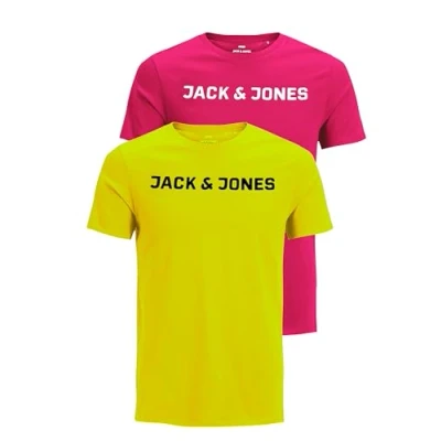 Afbeelding van Jack &amp; Jones Jjecorp Logo Tee SS O Neck Noos T shirt voor heren, Set van 2 (1 x fuchsia roze, 1 veiligheidsgeel)