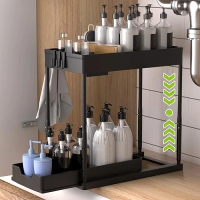 Afbeelding van Yocole noir réglable en hauteur sous le lavabo, Pull out glacière, rangement l&#039;évier, évier organisateur salle de bains, cuisine