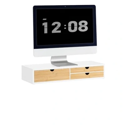 Afbeelding van SoBuy Monitorverhoger Ergonomische Monitorstandaard Universele Computer Monitor Houder Laptop of TV Screen Kleur Wit en Bamboe, 60x22x11cm, BBF11 WN