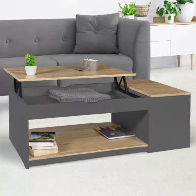 Image de Table basse plateau relevable ELEA avec coffre bois gris et façon hêtre