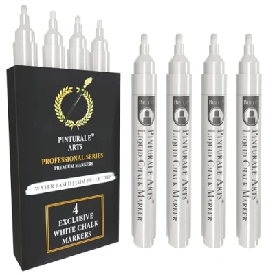 Afbeelding van Pinturale Arts Set van 4 witte uitwisbare viltstiften voor schoolbord punt 3 mm krijtstift krijtbord kalk, vier, leisteen