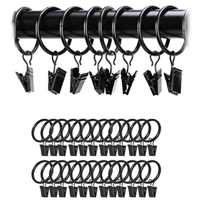 Afbeelding van 24 stuks zwarte gordijnroede ringen van roestvrij metaal met haken/ophangclips ogen voor het vasthouden zware gordijnroedes en gordijnen (38 mm)