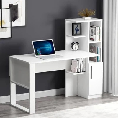 Afbeelding van Tody Bureau Computertafel met legplanken en opbergruimte, deurtje, modern design, voor kantoor thuis of kinderkamer (wit/wit)