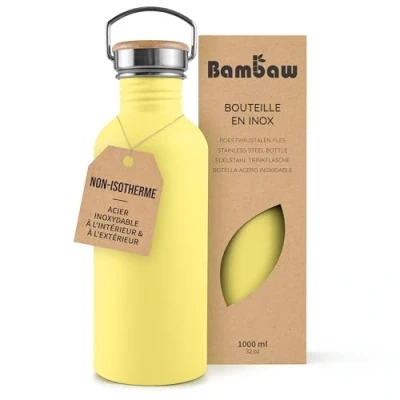 Afbeelding van Bambaw® Waterfles 1 liter Enkelwandige drinkfles RVS Niet Geïsoleerd Lekvrij, en Plasticvrij met Bamboe Dop Waterflessen Volwassenen Perfect voor Reizen, Werk, Yoga, Wandelen Dagelijks Gebruik Water Fles geel